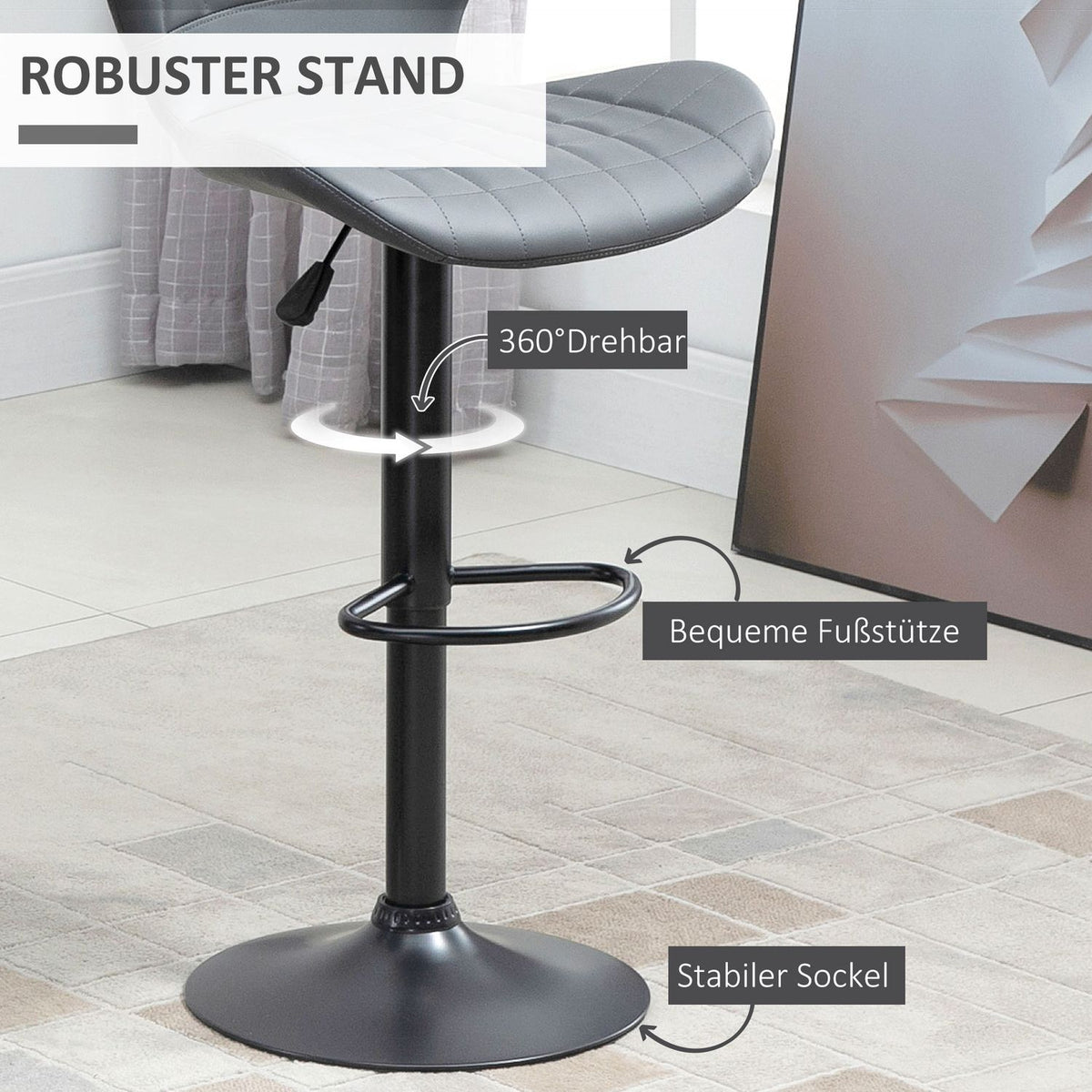 Bar stool kitchen set of 2 with backrest and footrest, height adjustable, non-slip, up to 120 kg, 47cm x 51.5 cm x 89-109 cm, gray