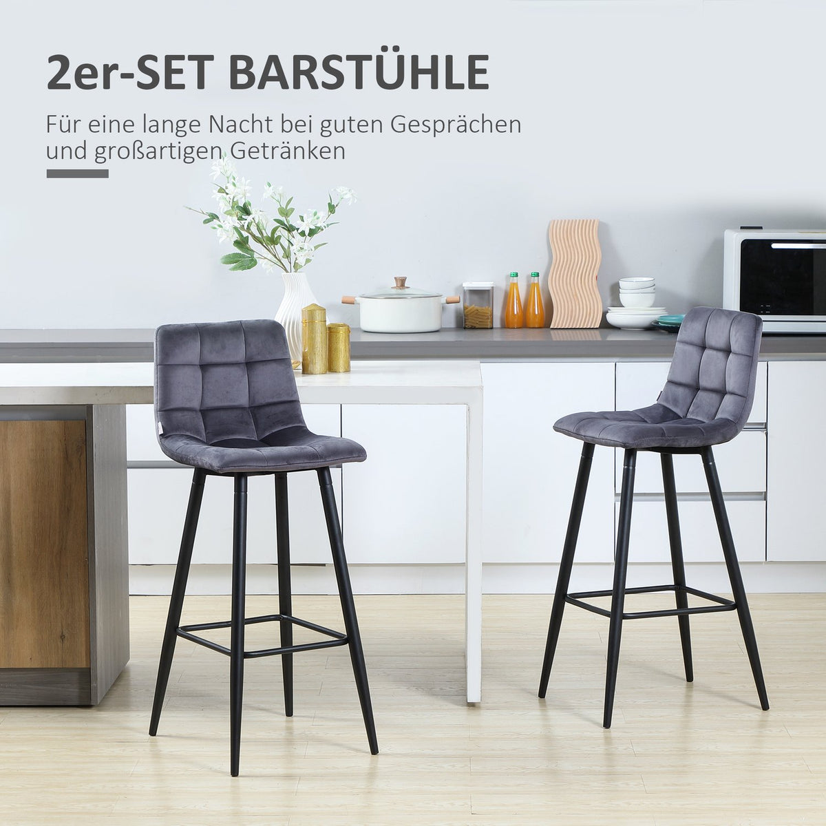 Bar stool kitchen set of 2 with non-slip foot caps, modern design, steel legs, velvet cover, up to 120 kg, 42 x 47 x 105 cm, gray