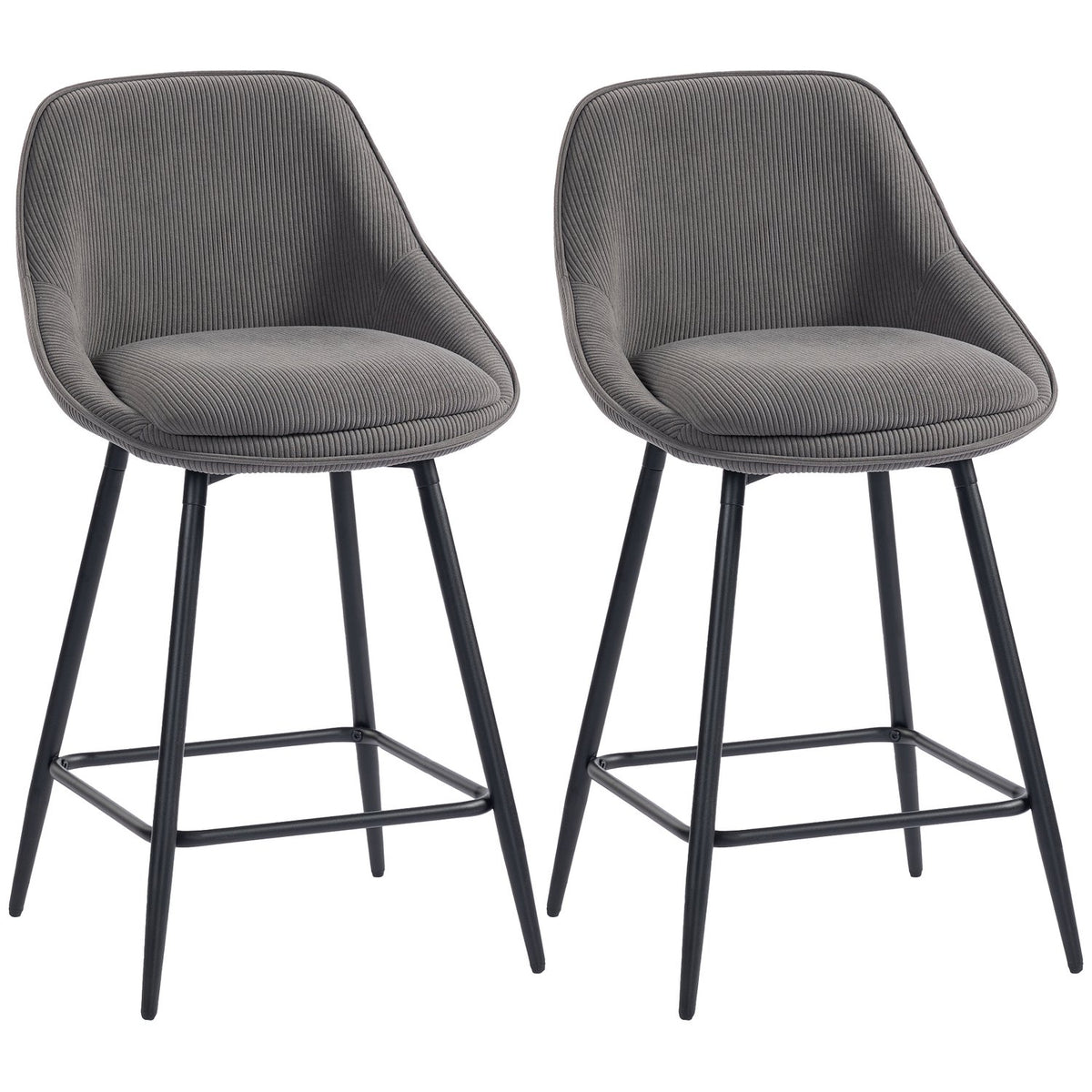Barstools Set of 2, Cord Upholstery, Steel Legs, Gray