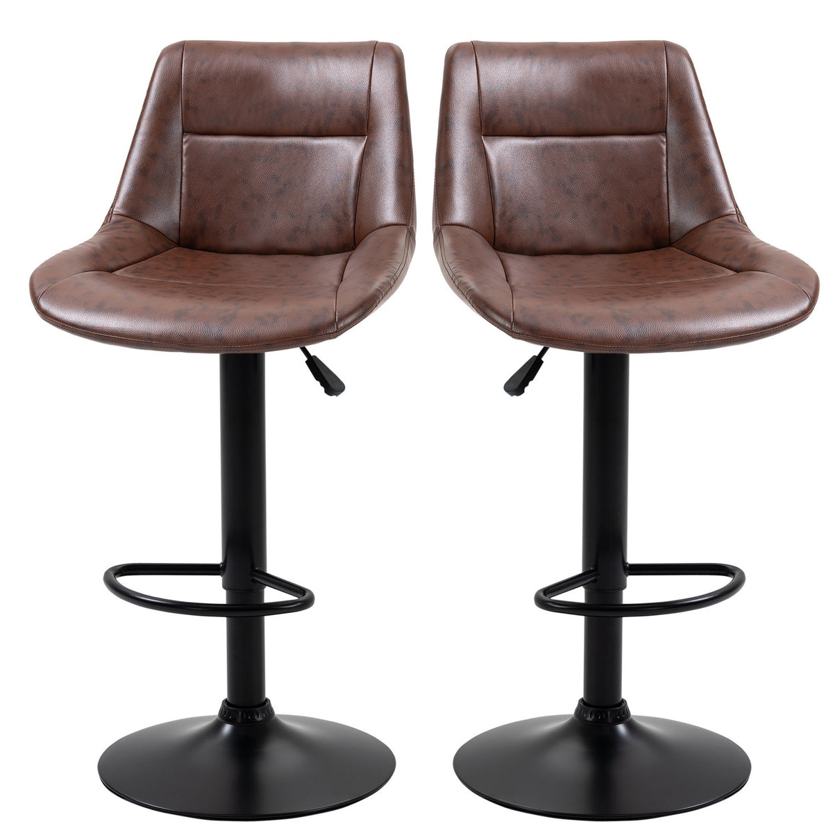 Bar stool set of 2 bar chairs with backrest, counter stool height adjustable, rotating bistro stool with footrest, faux leather, brown