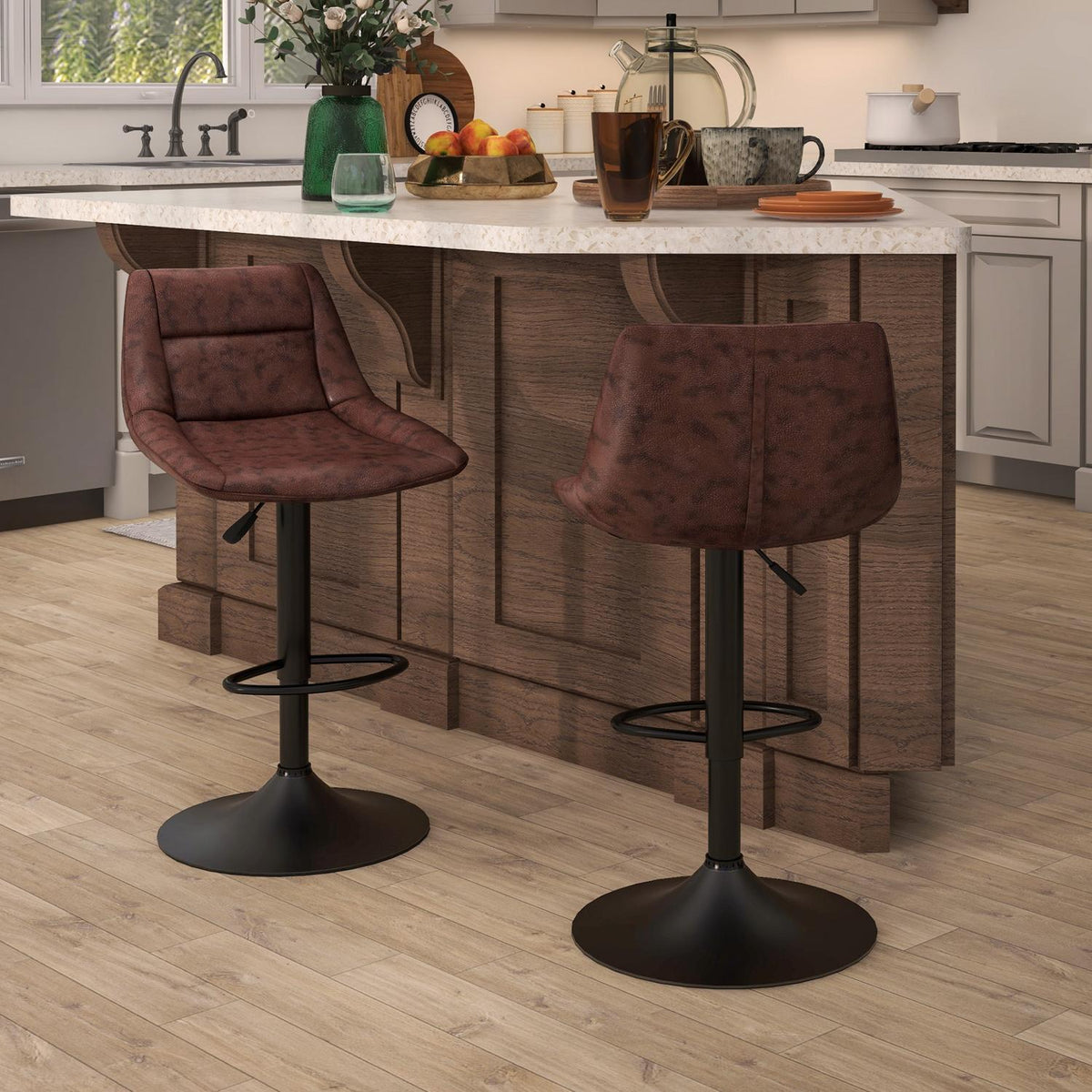 Bar stool set of 2 bar chairs with backrest, counter stool height adjustable, rotating bistro stool with footrest, faux leather, brown