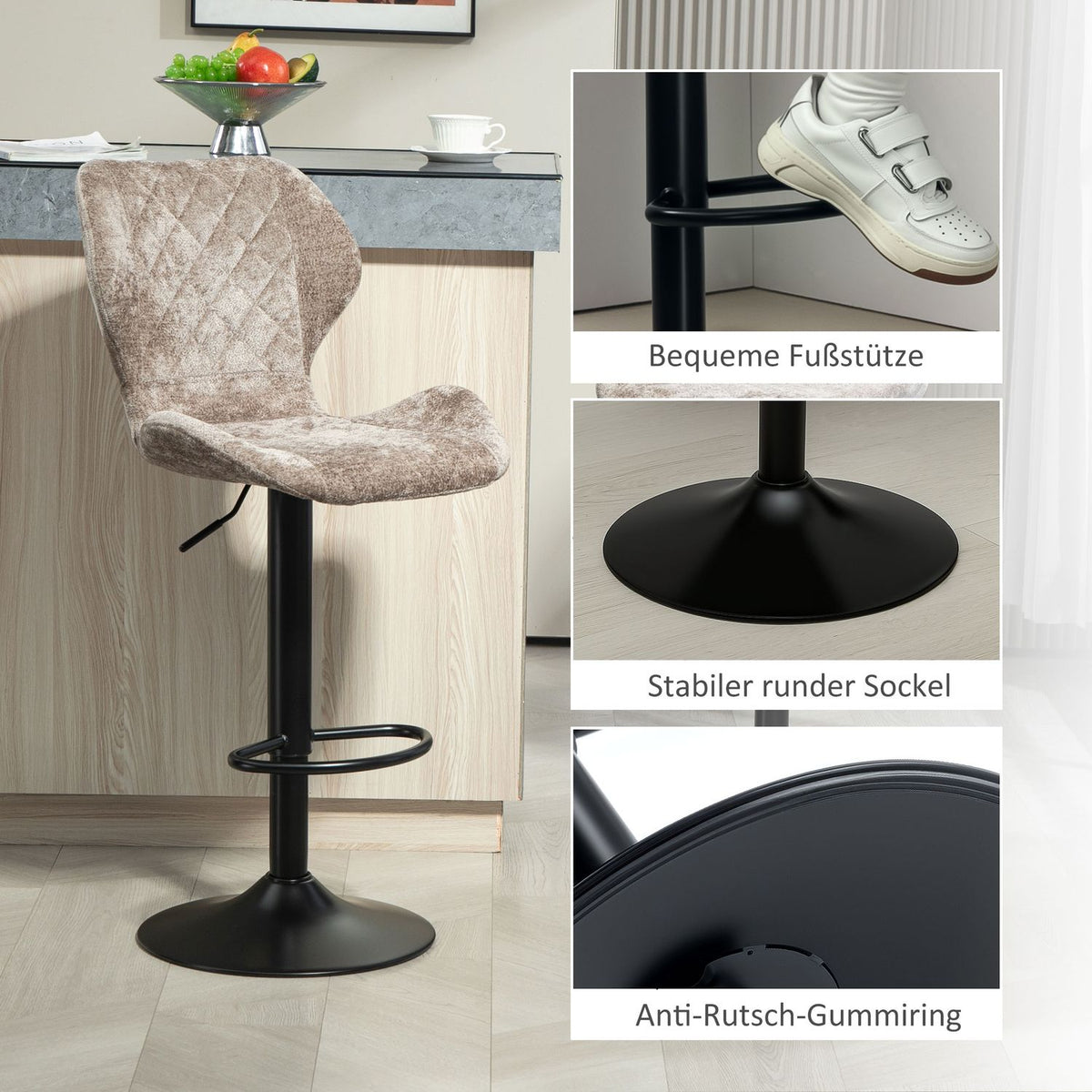 Bar stool set of 2, padded bar chair with backrest, chenille look, steel frame, height-adjustable kitchen chairs with footrest, 360° rotatable counter stool for kitchen, living room, brown