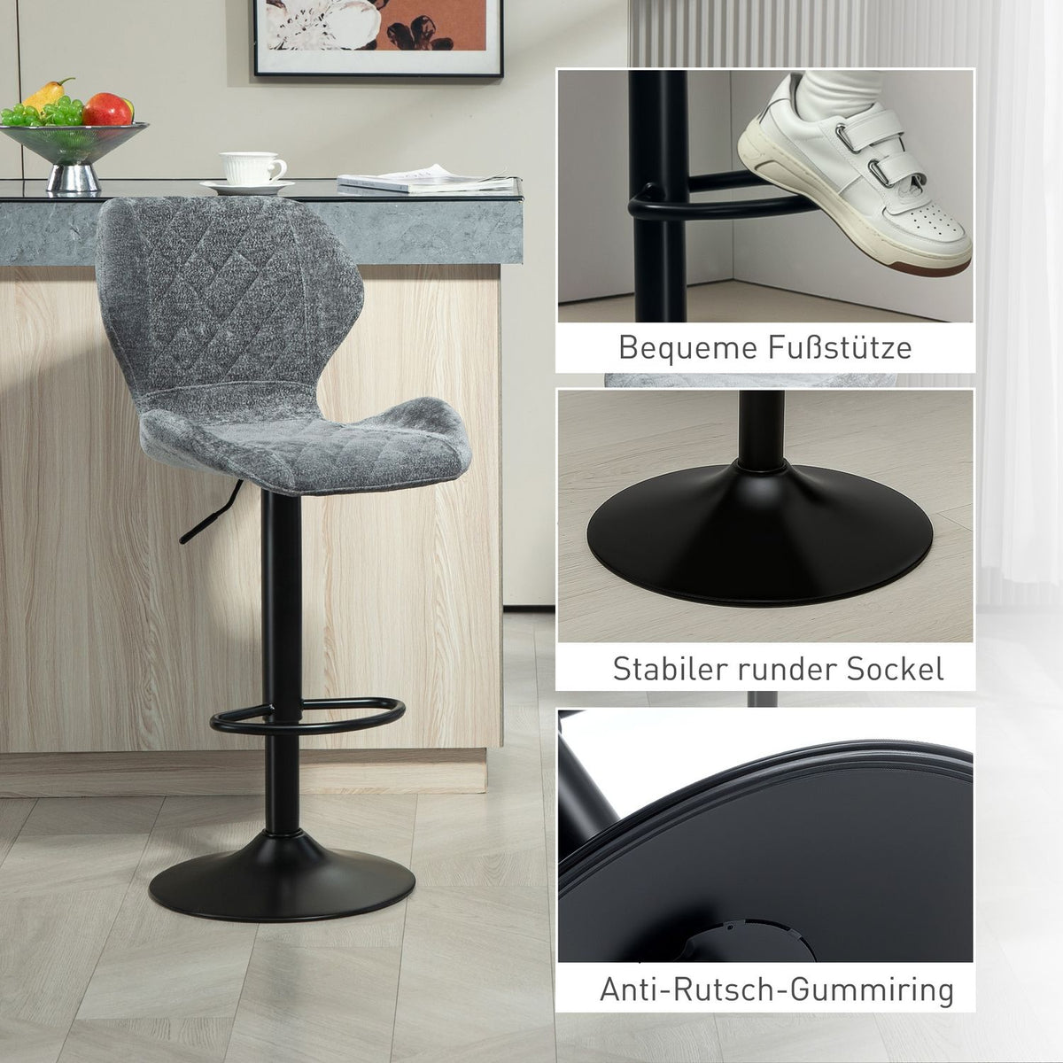 Bar stool set of 2, upholstered bar chair with backrest, chenille look, steel frame, height-adjustable kitchen chairs with footrest, 360° rotatable counter stool for kitchen, living room, dark gray