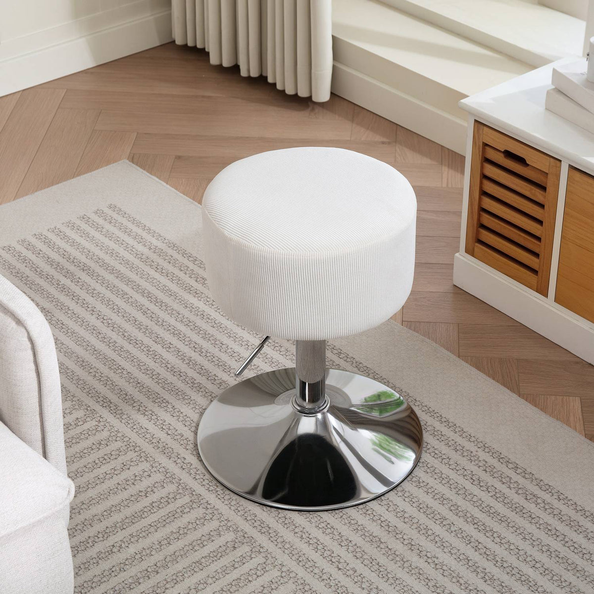 Bar stool, upholstered bar chair with metal frame, corduroy look, height adjustable, 360° rotatable, white