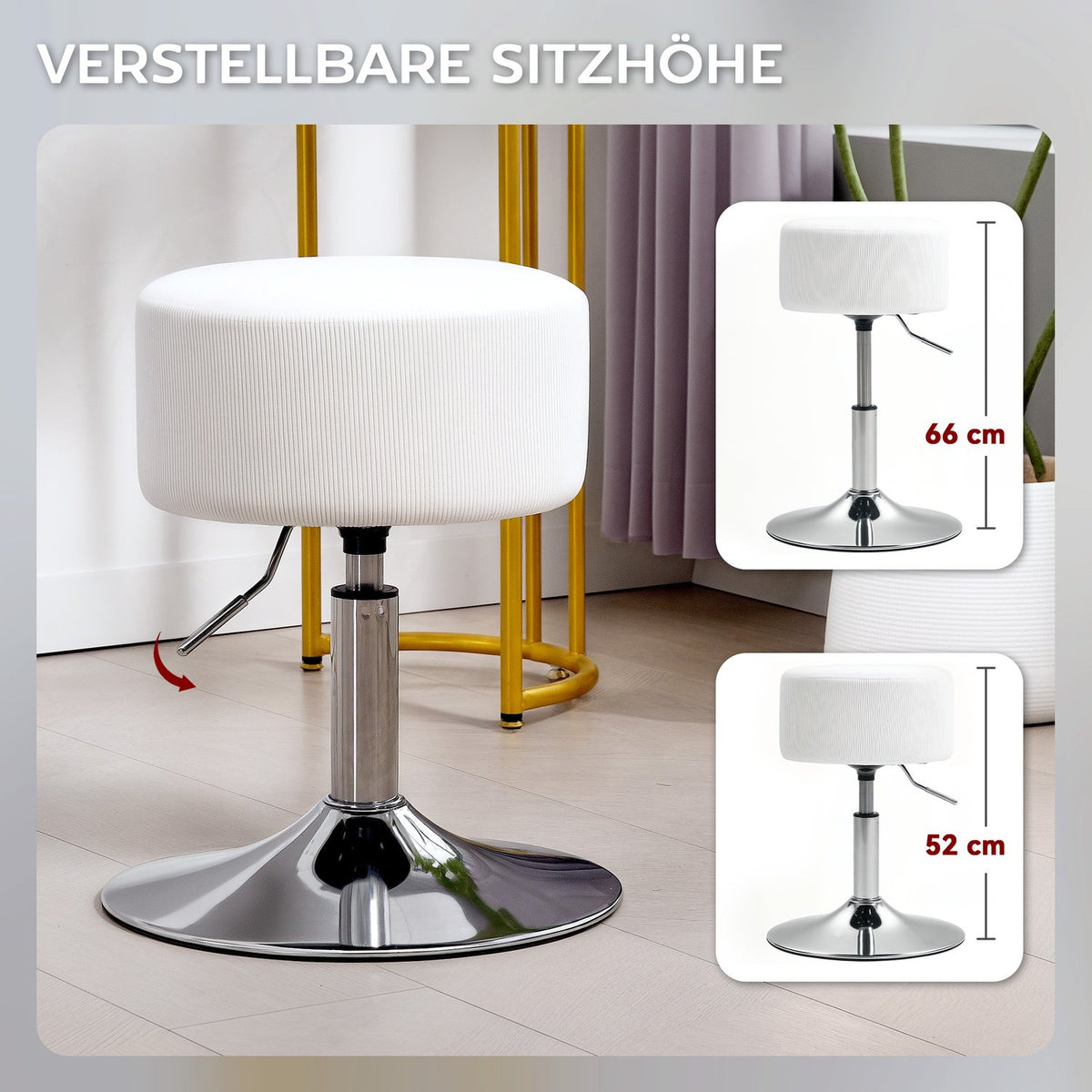 Bar stool, upholstered bar chair with metal frame, corduroy look, height adjustable, 360° rotatable, white
