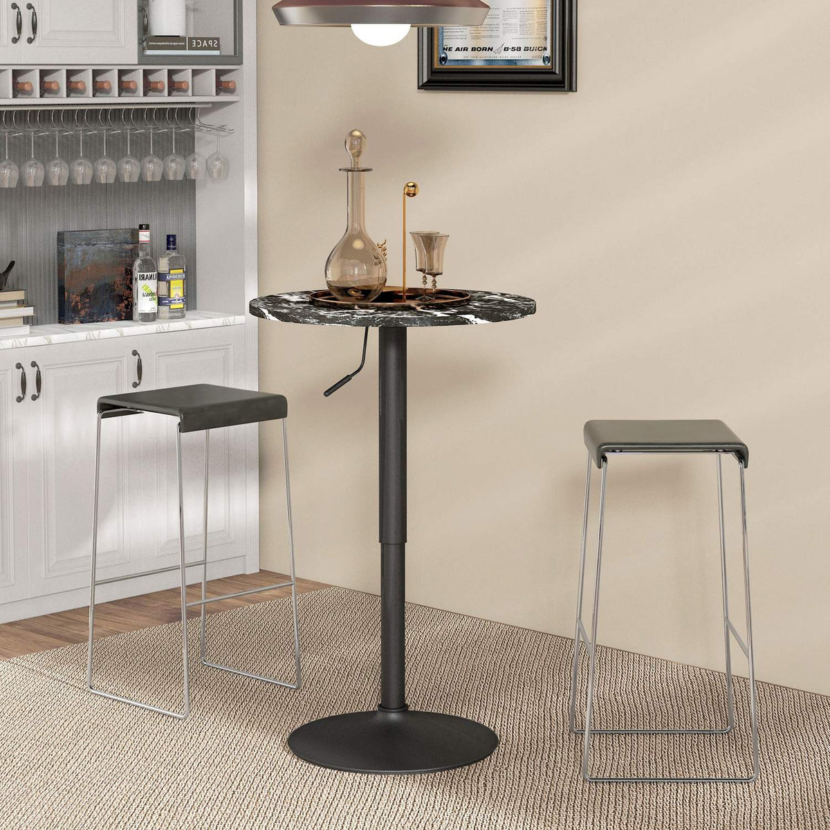 Bar table, bar table, round dining table for 2 people, kitchen table with marble look for living room, dining room, small rooms, black, Ø60 x 68-93.5cm
