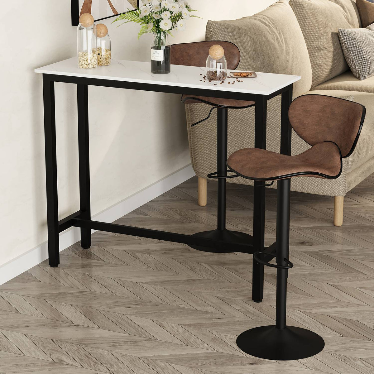 Bar table, bar table with marble look, kitchen table with adjustable feet for living room, dining room, steel 120 x 40 x 100 cm white + black