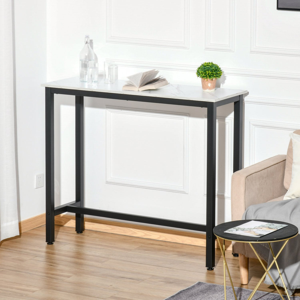 Bar table, bar table with marble look, kitchen table with adjustable feet for living room, dining room, steel 120 x 40 x 100 cm white + black