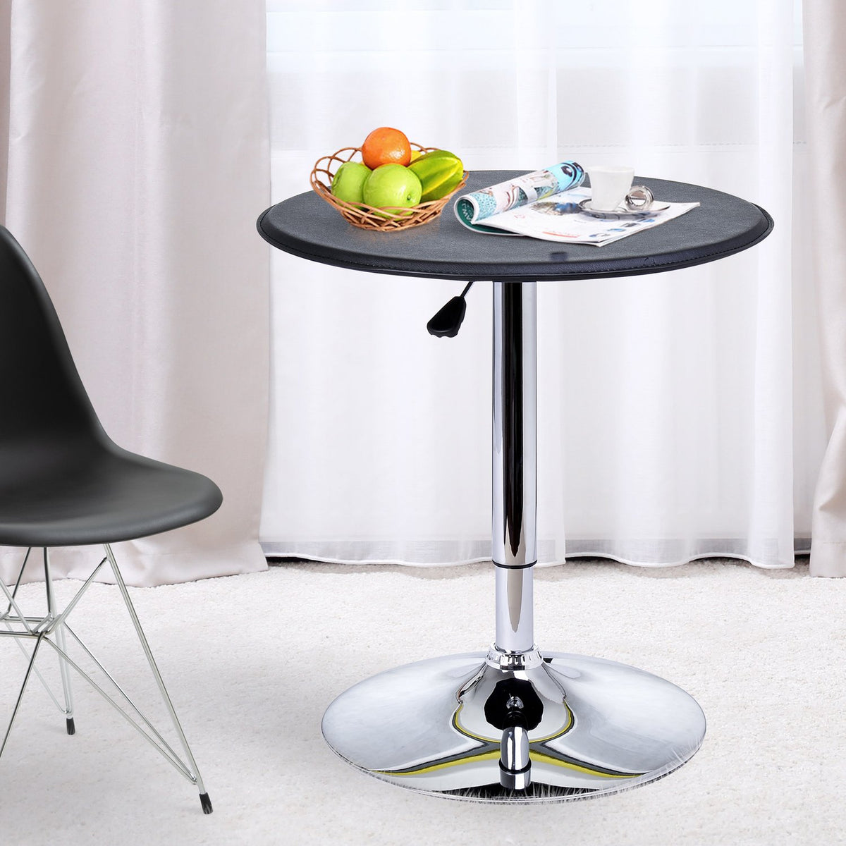 Bar table, dining table, bar table, counter table, kitchen table for living room, dining room, chrome steel, faux leather, black, Ø63 x 67 - 93 cm