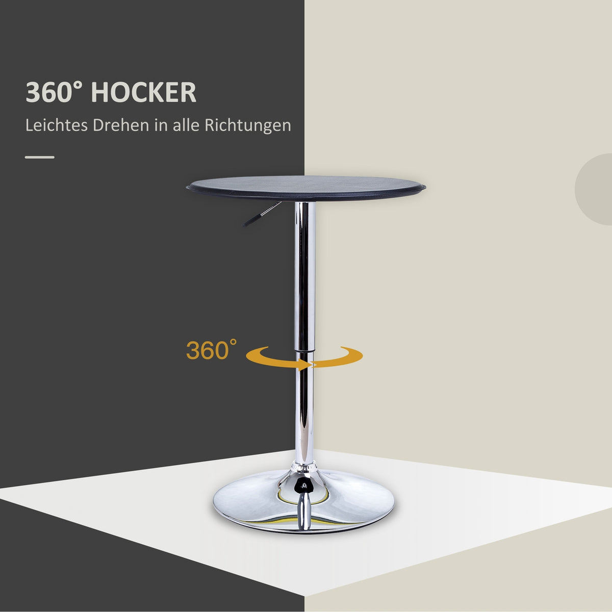 Bar table, dining table, bar table, counter table, kitchen table for living room, dining room, chrome steel, faux leather, black, Ø63 x 67 - 93 cm