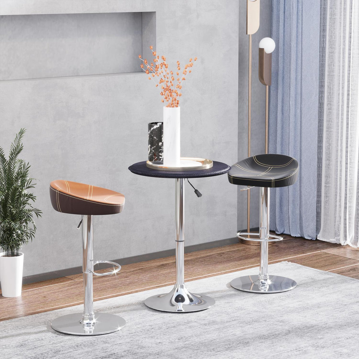 Bar table, dining table, bar table, counter table, kitchen table for living room, dining room, chrome steel, faux leather, black, Ø63 x 67 - 93 cm