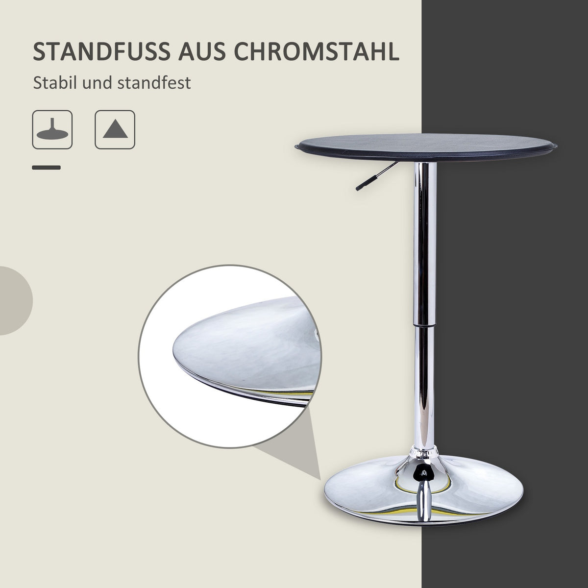 Bar table, dining table, bar table, counter table, kitchen table for living room, dining room, chrome steel, faux leather, black, Ø63 x 67 - 93 cm