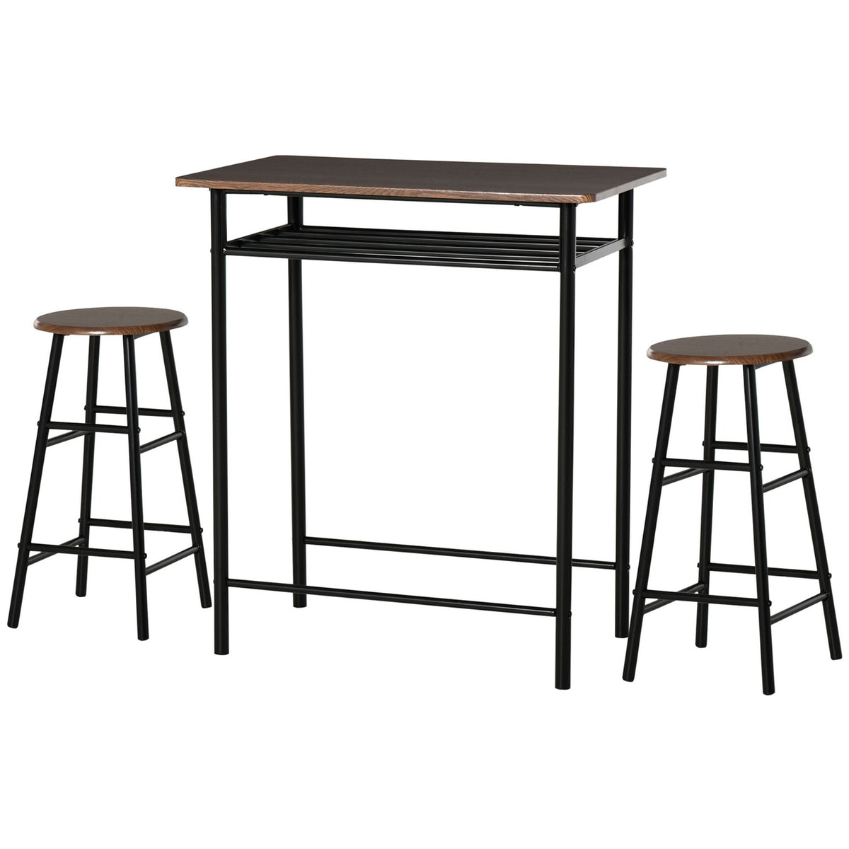 Bar table set 3-piece dining table with 2 bar stools dining group kitchen table and chairs bar table and bar stool with storage shelf metal 80 x 50 x 90 cm black