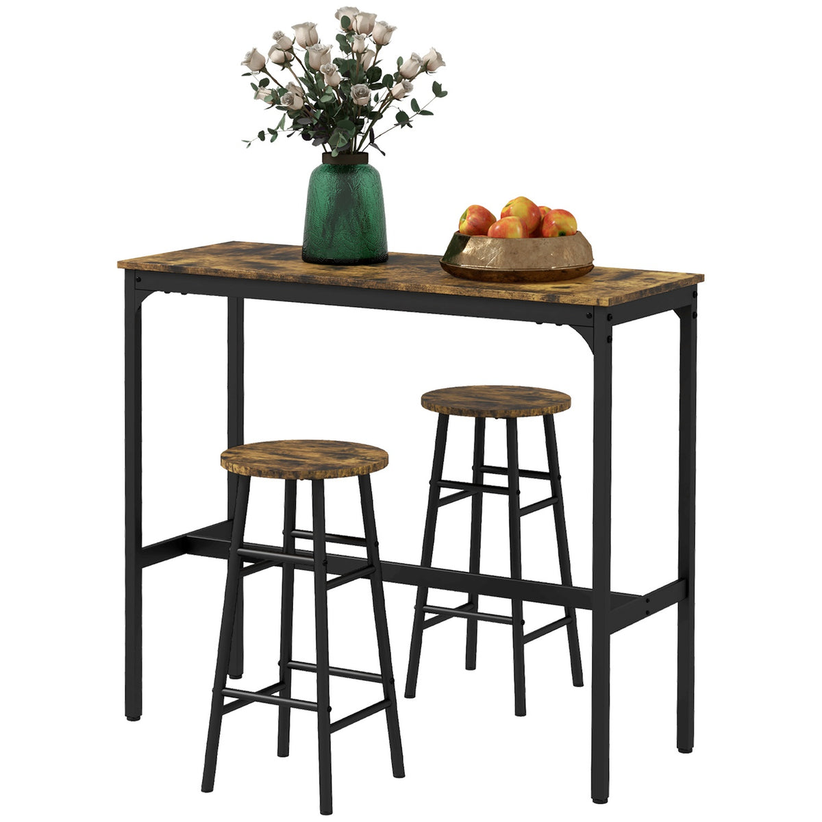 Bar table set, 3 pieces. Bar table with bar stool set, dining group in industrial design, kitchen table with 2 bar stools, for dining room, kitchen, steel, rustic brown