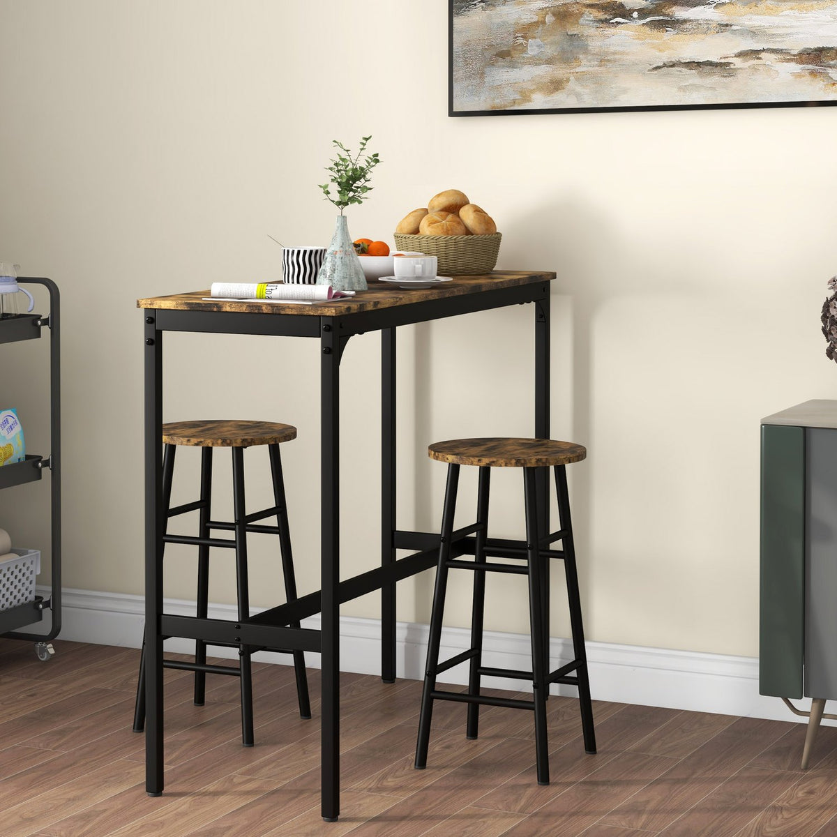 Bar table set, 3 pieces. Bar table with bar stool set, dining group in industrial design, kitchen table with 2 bar stools, for dining room, kitchen, steel, rustic brown