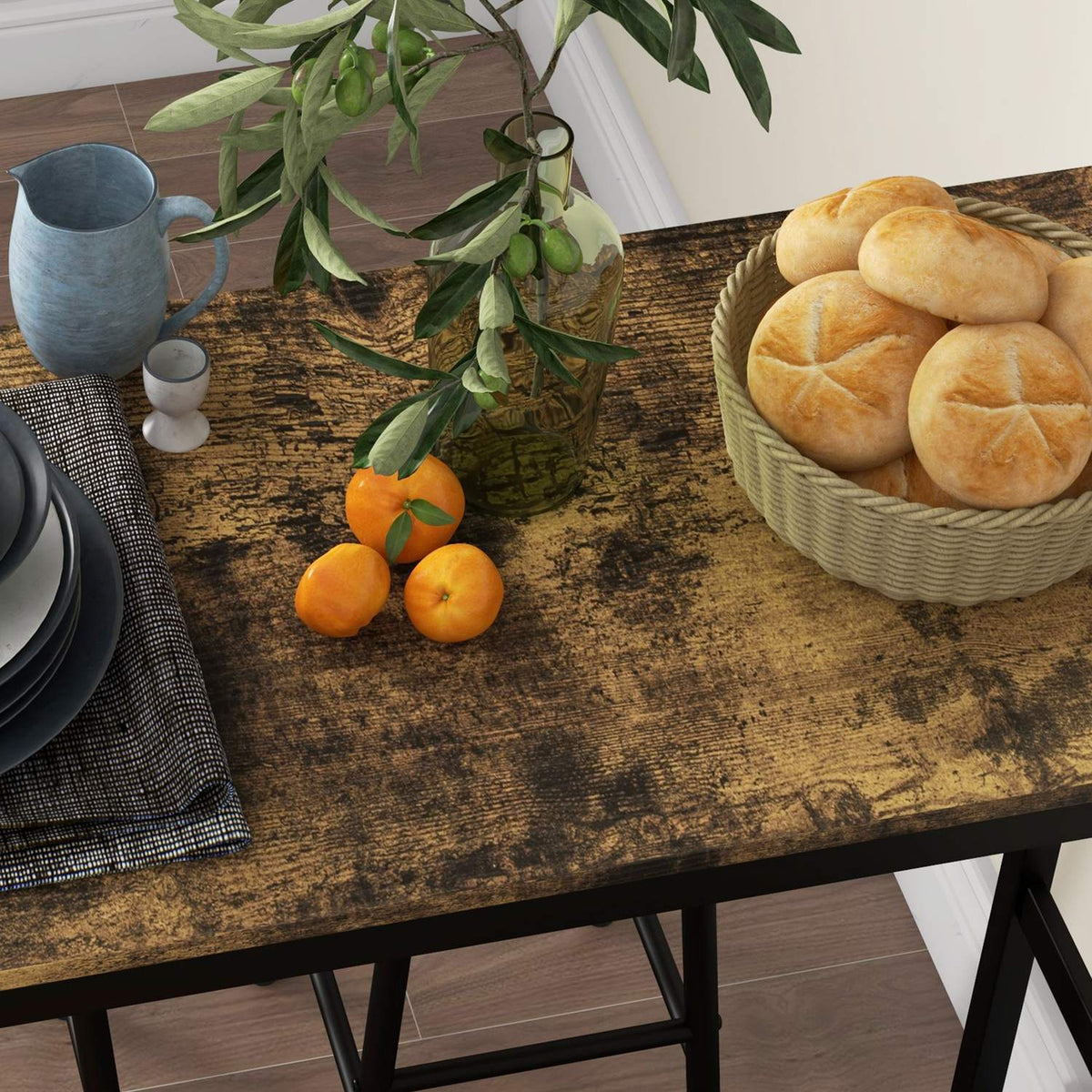 Bar table set, 3 pieces. Bar table with bar stool set, dining group in industrial design, kitchen table with 2 bar stools, for dining room, kitchen, steel, rustic brown