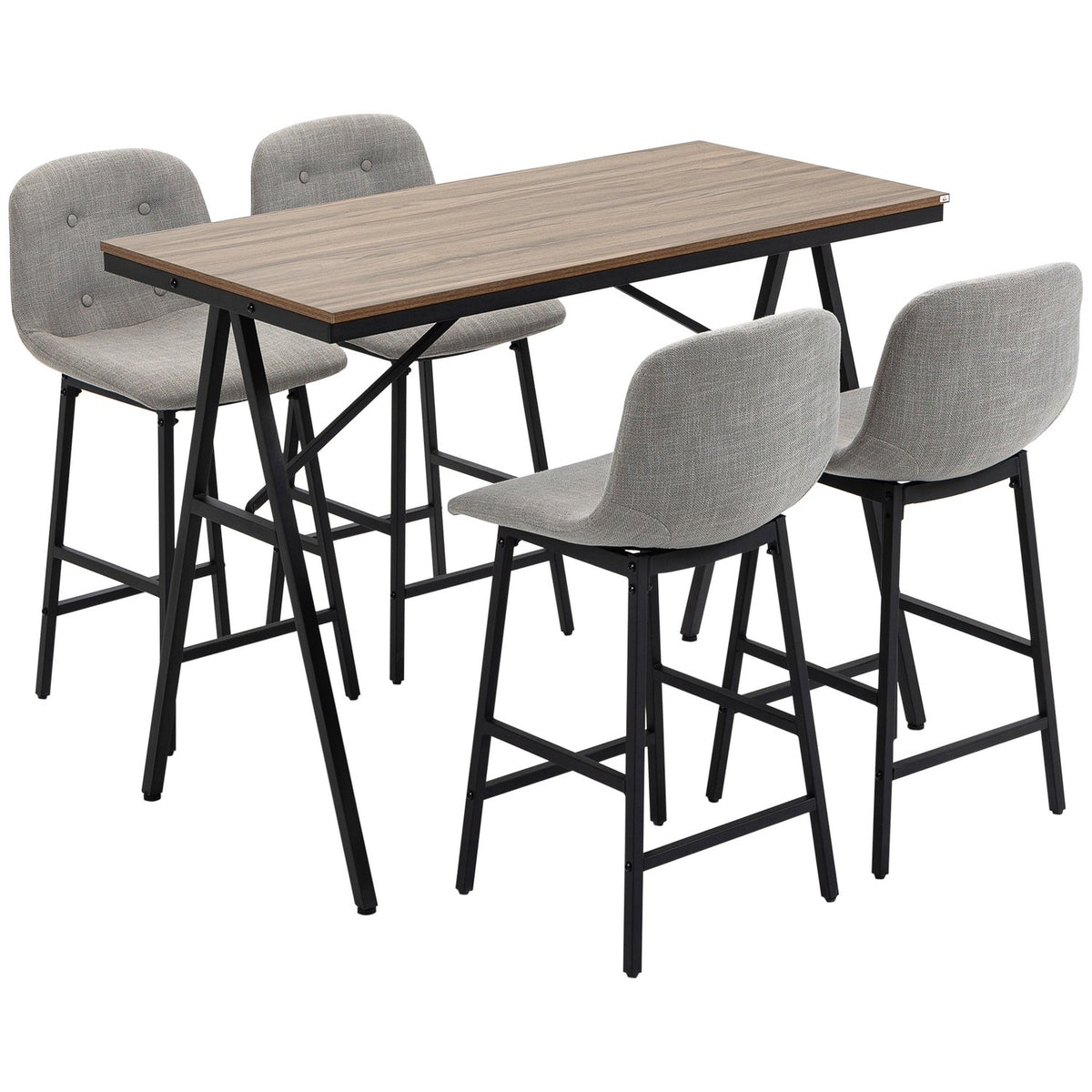 Bar table set 5 pieces. with bar stools, dining group for kitchen, bistro table with 4 chairs, metal, light brown, 120x60x91 cm
