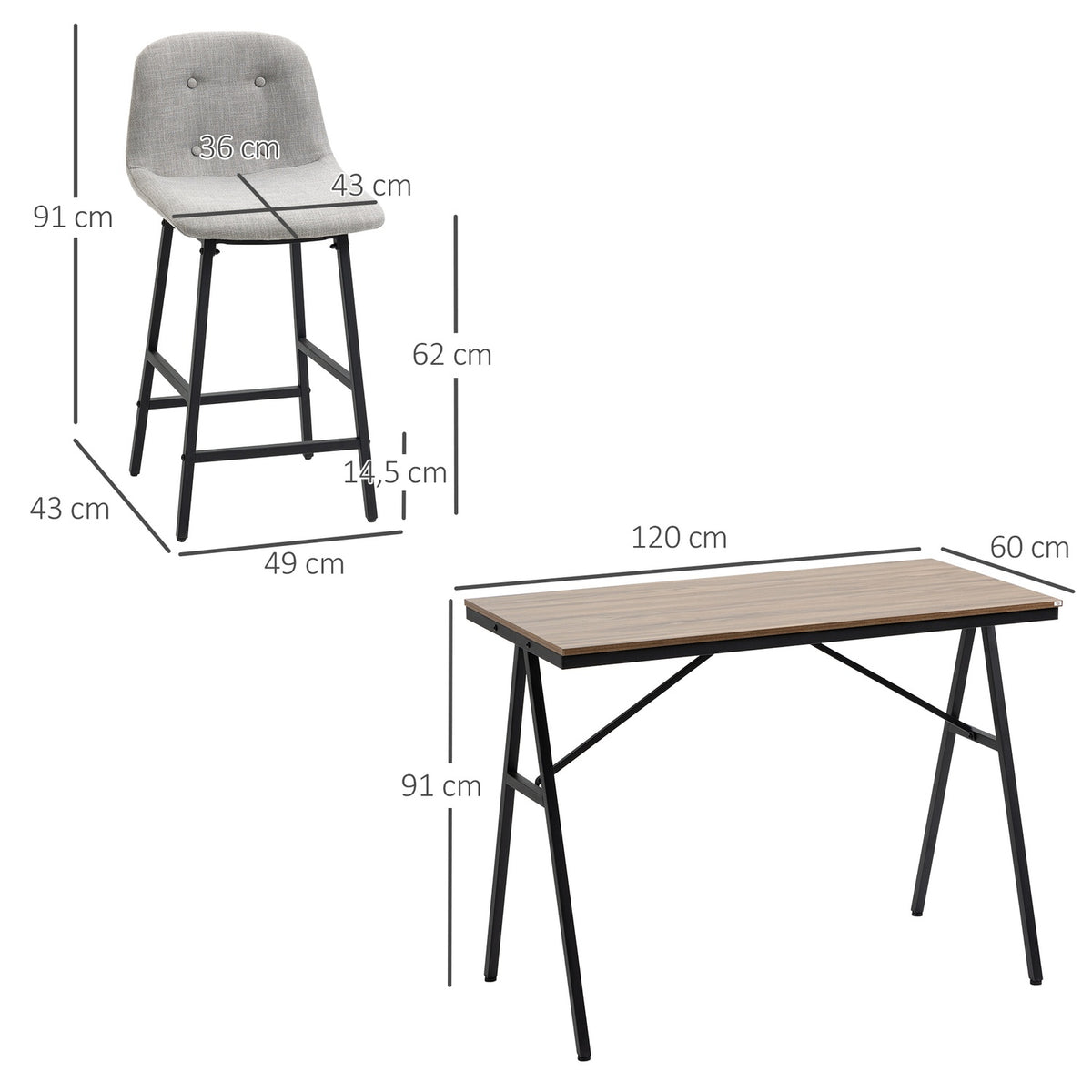 Bar table set 5 pieces. with bar stools, dining group for kitchen, bistro table with 4 chairs, metal, light brown, 120x60x91 cm