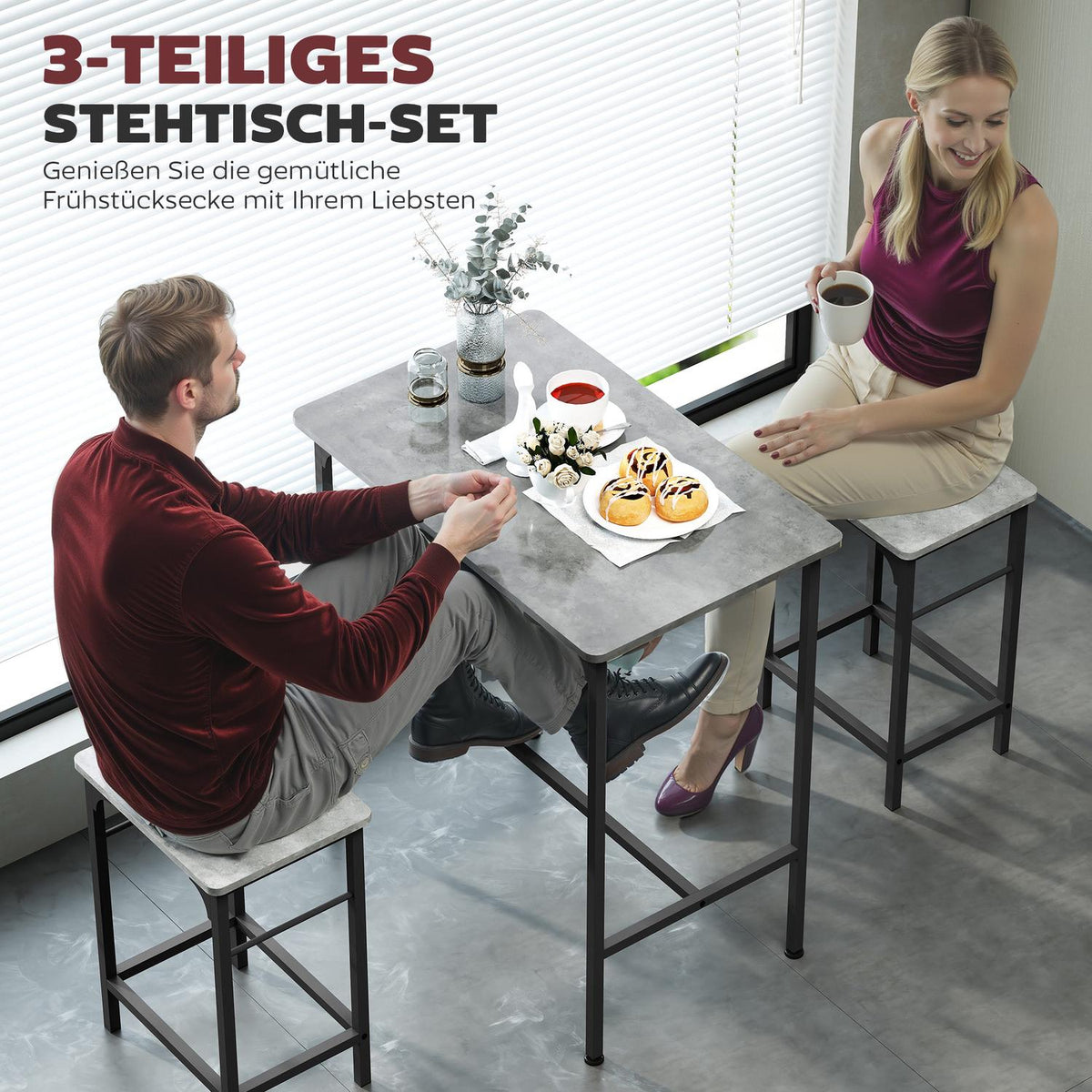 Bar table set Bar table with bar stool set Dining table with 2 chairs with non-slip foot pad Grey