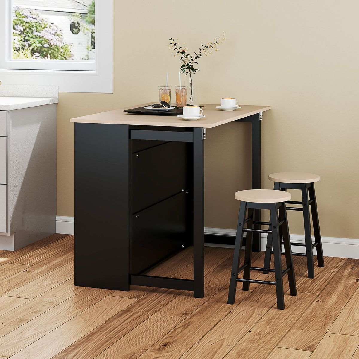 Bar table with bar stool set, 3-piece bar table set, dining table with folding table top, kitchen table with cupboard, dining group for dining room, living room, black