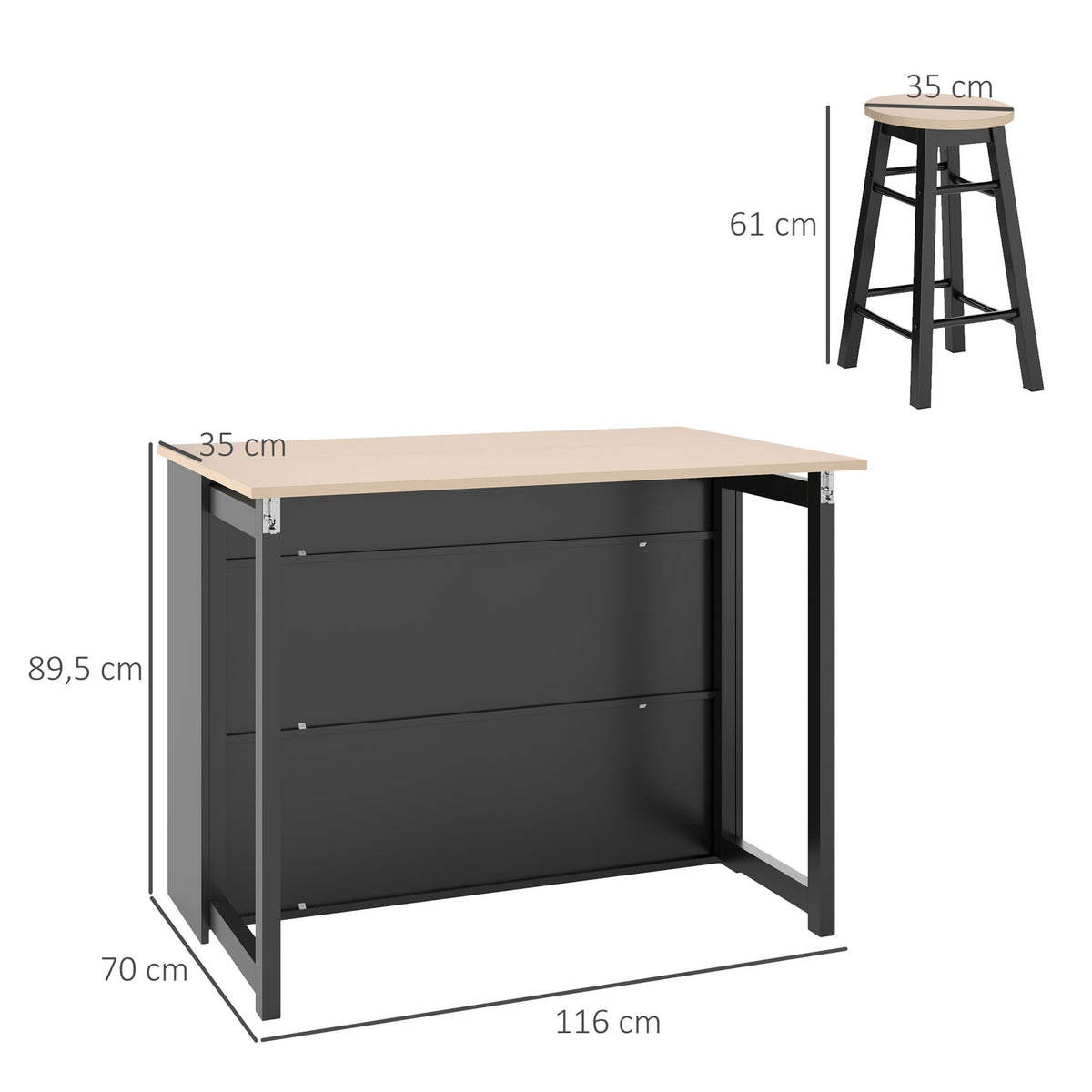 Bar table with bar stool set, 3-piece bar table set, dining table with folding table top, kitchen table with cupboard, dining group for dining room, living room, black