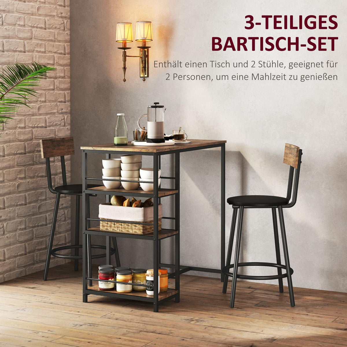 Bar table with bar stool set, 3 pieces. Bar Table Set with Kitchen Table 3 Shelves 2 Bar Chairs Modern Style Dining Room Kitchen Steel Oak