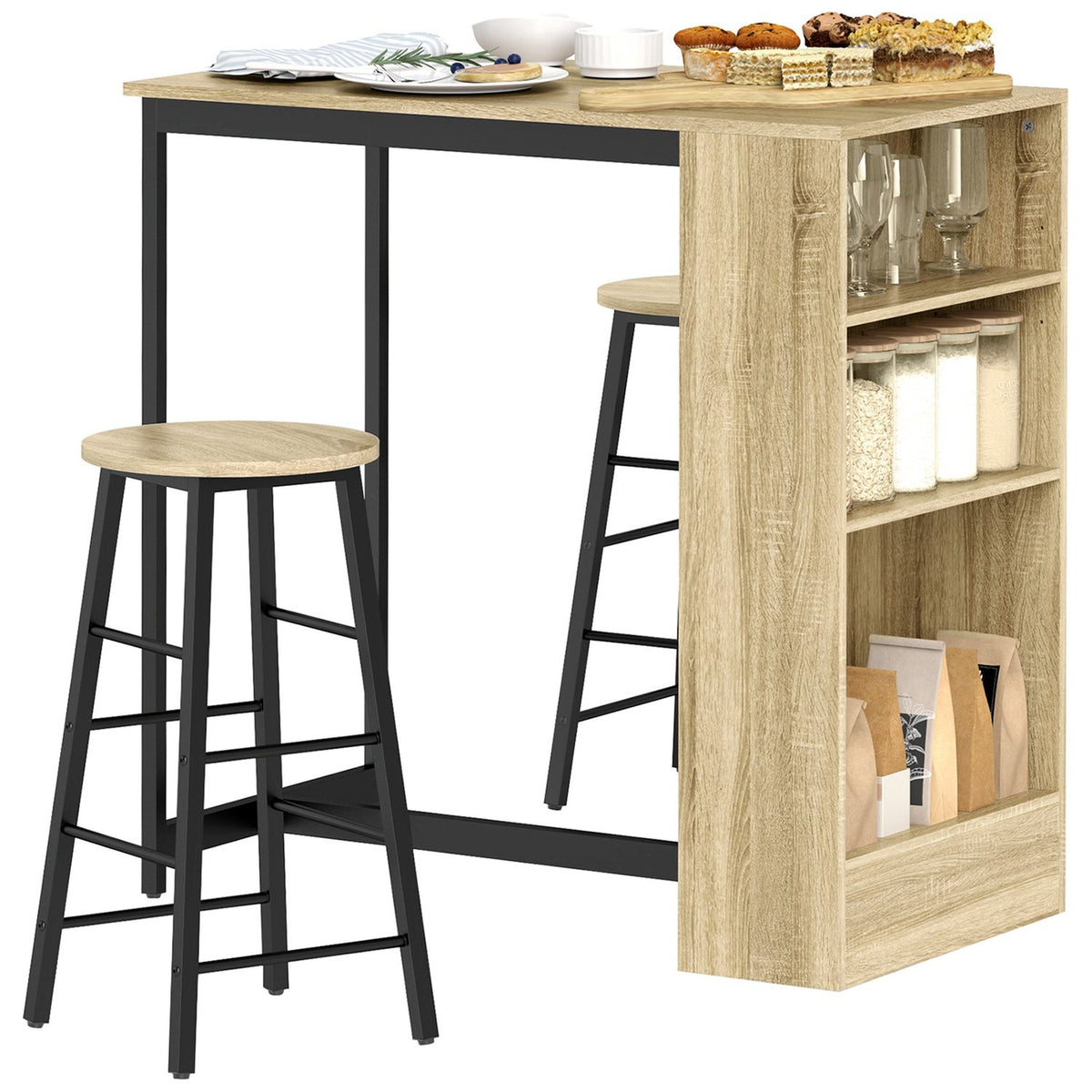 Bar table with bar stool set, 3 pieces. Bar Table Set with Kitchen Table Storage 2 Stools Footrests Modern Style Space Saving Dining Room Kitchen Steel Oak