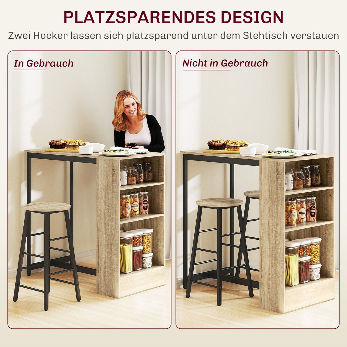 Bar table with bar stool set, 3 pieces. Bar Table Set with Kitchen Table Storage 2 Stools Footrests Modern Style Space Saving Dining Room Kitchen Steel Oak
