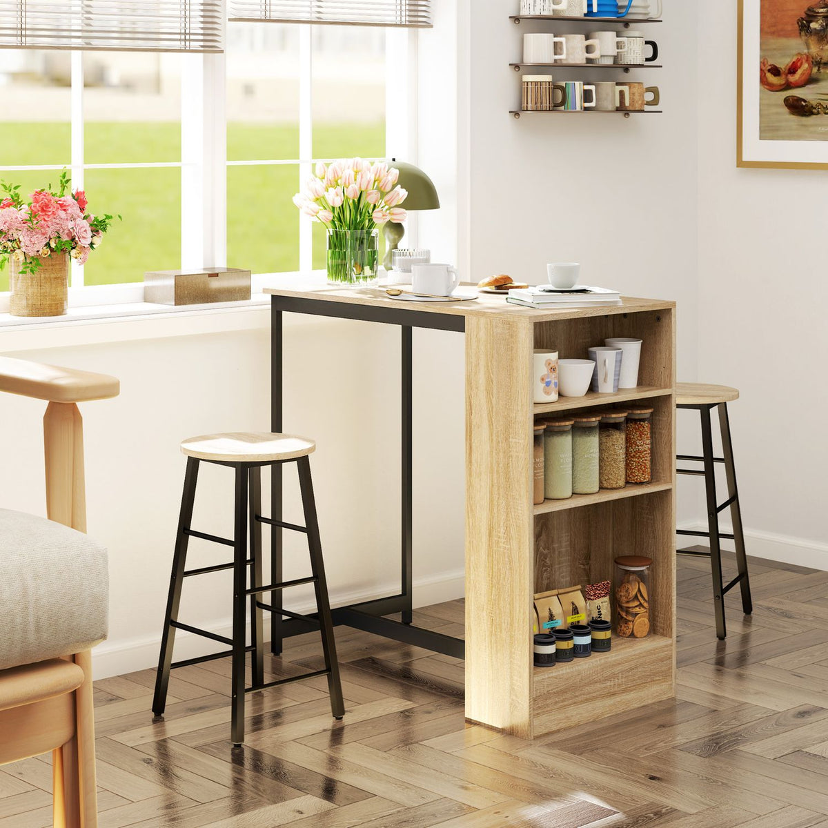 Bar table with bar stool set, 3 pieces. Bar Table Set with Kitchen Table Storage 2 Stools Footrests Modern Style Space Saving Dining Room Kitchen Steel Oak