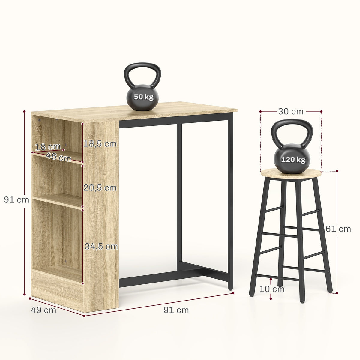 Bar table with bar stool set, 3 pieces. Bar Table Set with Kitchen Table Storage 2 Stools Footrests Modern Style Space Saving Dining Room Kitchen Steel Oak