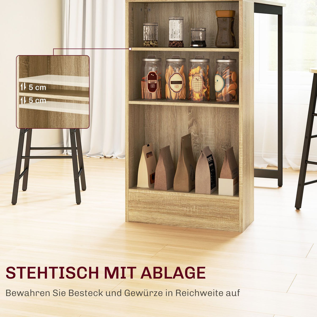 Bar table with bar stool set, 3 pieces. Bar Table Set with Kitchen Table Storage 2 Stools Footrests Modern Style Space Saving Dining Room Kitchen Steel Oak