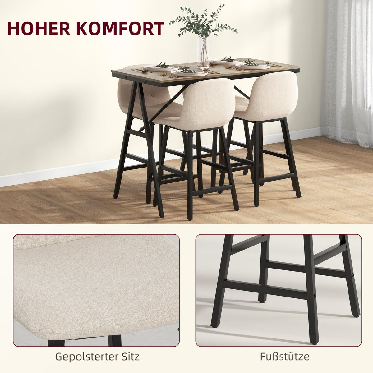 Bar table with bar stool set, 5-piece dining set, kitchen table, bistro table with 4 chairs, bar table set for kitchen, living room, steel, beige, 120 x 60 x 91 cm