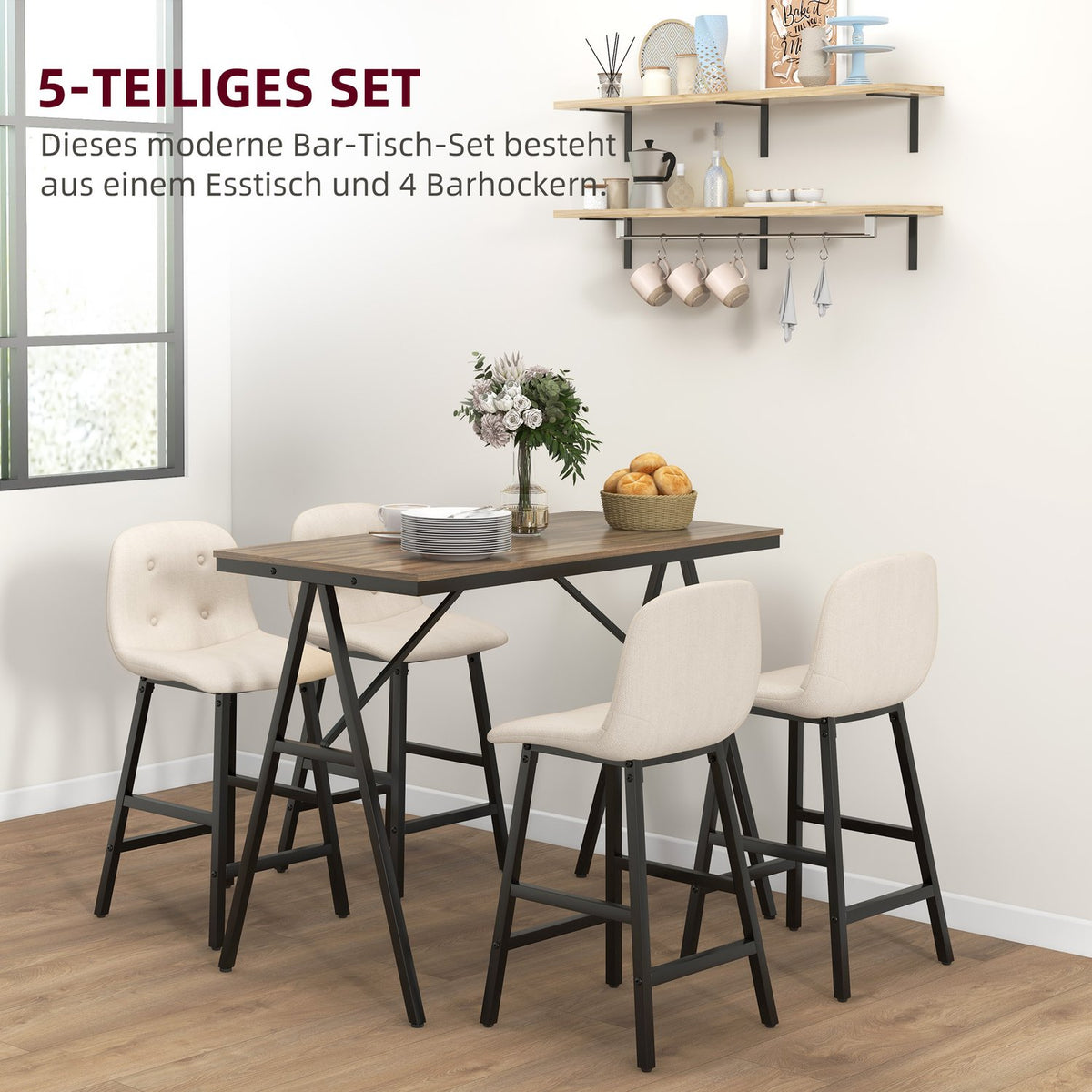 Bar table with bar stool set, 5-piece dining set, kitchen table, bistro table with 4 chairs, bar table set for kitchen, living room, steel, beige, 120 x 60 x 91 cm