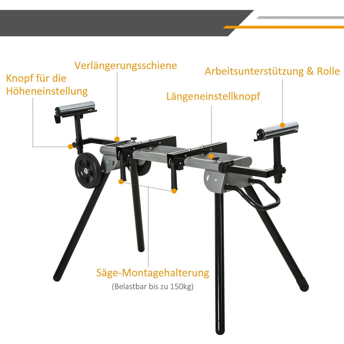 Base Frame For Cross-Cut Saw Work Table, Black + Silver, Side Extension 123.5-245 Cm