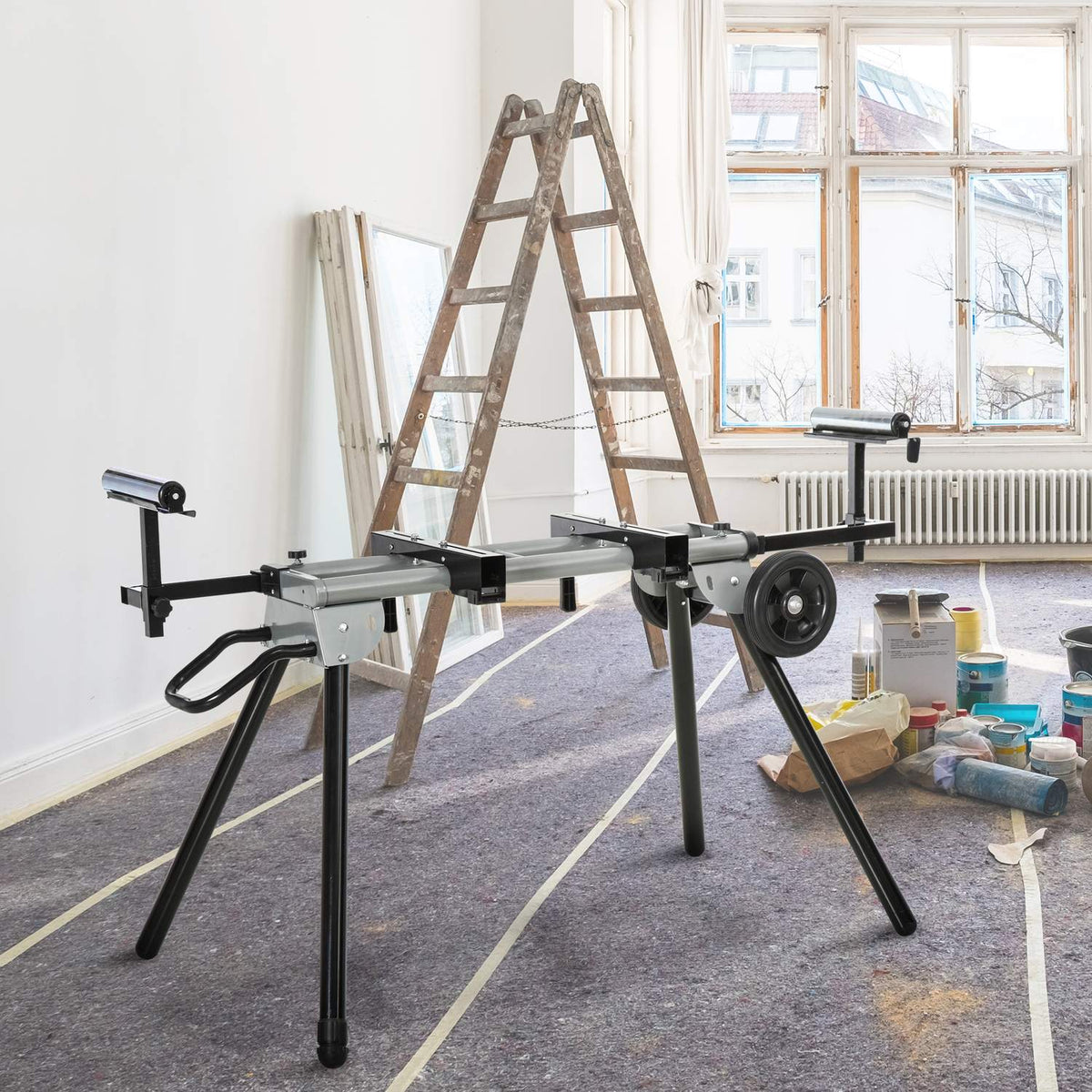 Base Frame For Cross-Cut Saw Work Table, Black + Silver, Side Extension 123.5-245 Cm