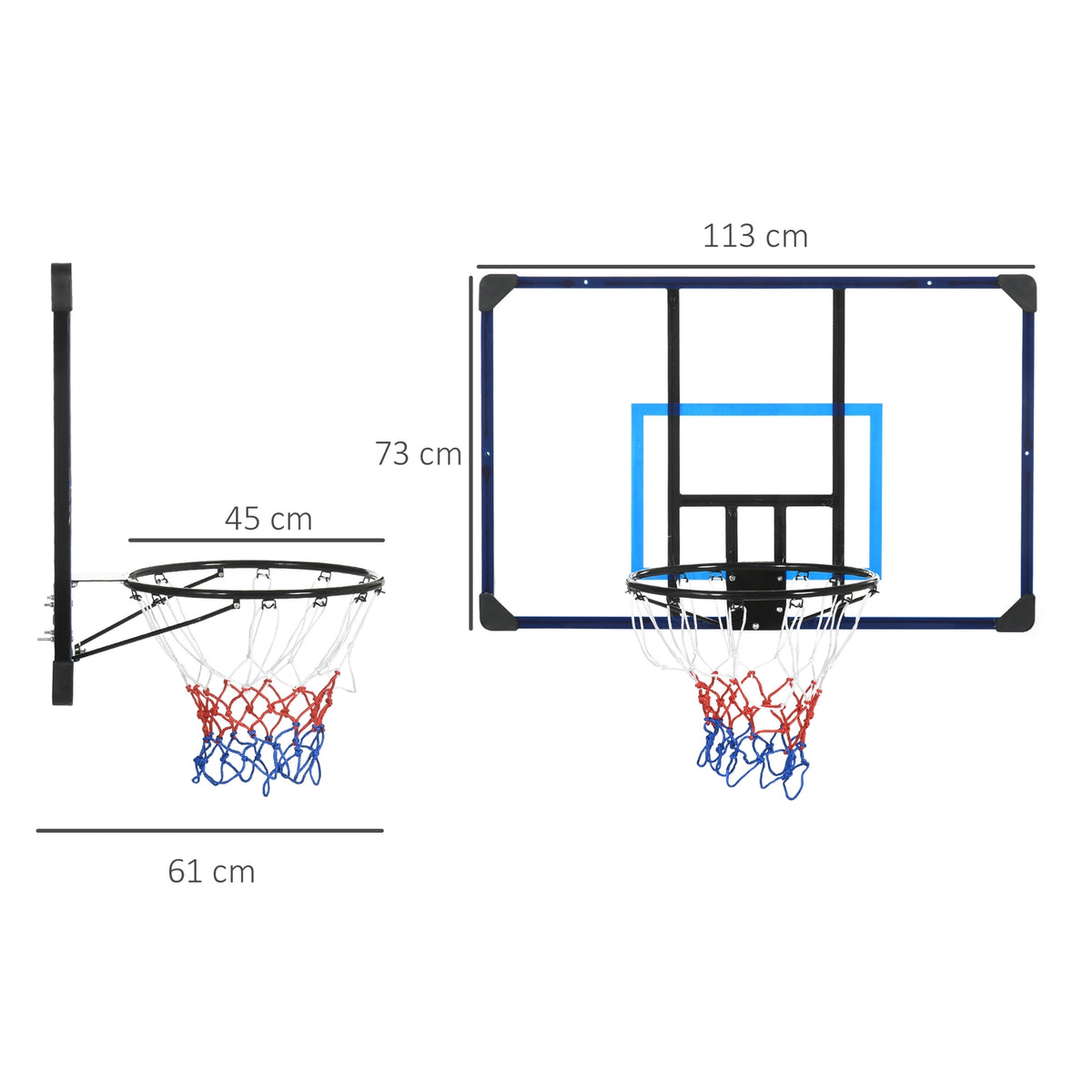 Basketball Hoop Basketball Board With Basket And Net, Wall Mounted For Outdoor, Steel, 113 X 61 X 73 Cm