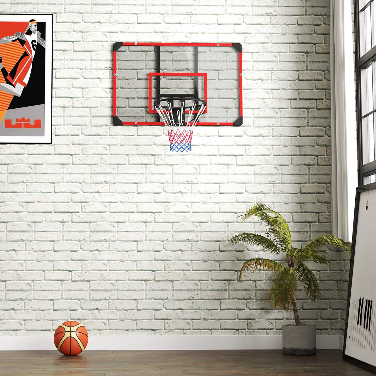 Basketball Hoop, Basketball Board with Basket, Basketball Net with Basketball Board, Wall Mounted, Outdoor, Steel, 113 x 61 x 73 cm, Red