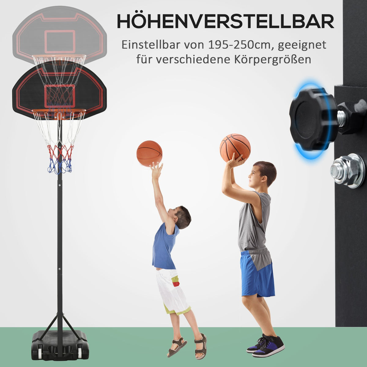 Basketball Hoop With Stand Outdoor Height-Adjustable Basketball Stand With Wheels 195-250 Cm Suitable For 8-14 Years