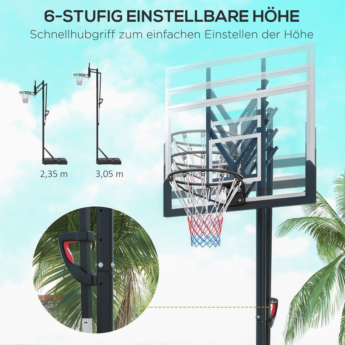 Basketball hoop height adjustable 295-365 cm with stand and wheels, basketball system for outdoor, sturdy steel