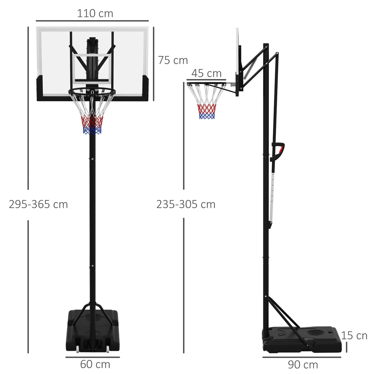 Basketball hoop height adjustable 295-365 cm with stand and wheels, basketball system for outdoor, sturdy steel