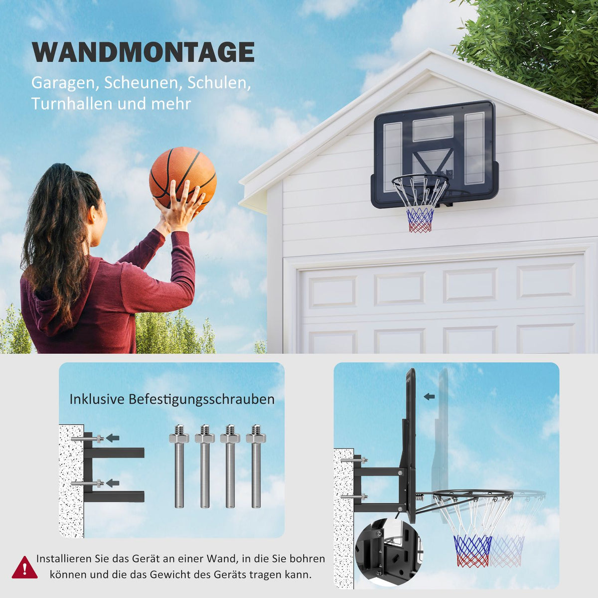 Basketball hoop with back wall for outdoor & indoor, basketball board with Ø45 cm steel hoop and net, wall mounting, basketball board for adults, black