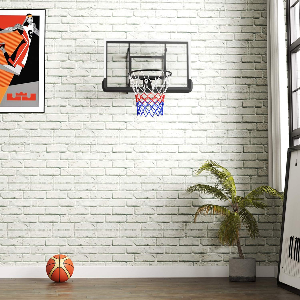 Basketball hoop with back wall for outdoor & indoor, basketball board with Ø45 cm steel hoop and net, wall mounting, basketball board for adults, black