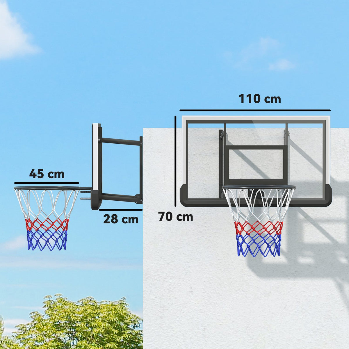 Basketball hoop with back wall for outdoor & indoor, basketball board with Ø45 cm steel hoop and net, wall mounting, basketball board for adults, black