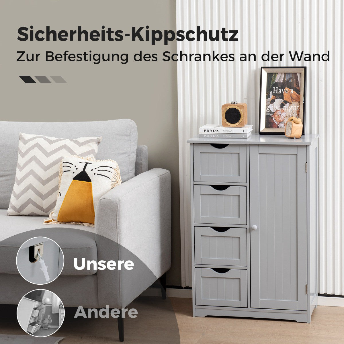 Bathroom Cabinet, 4 Drawers, Adjustable Shelf, Gray