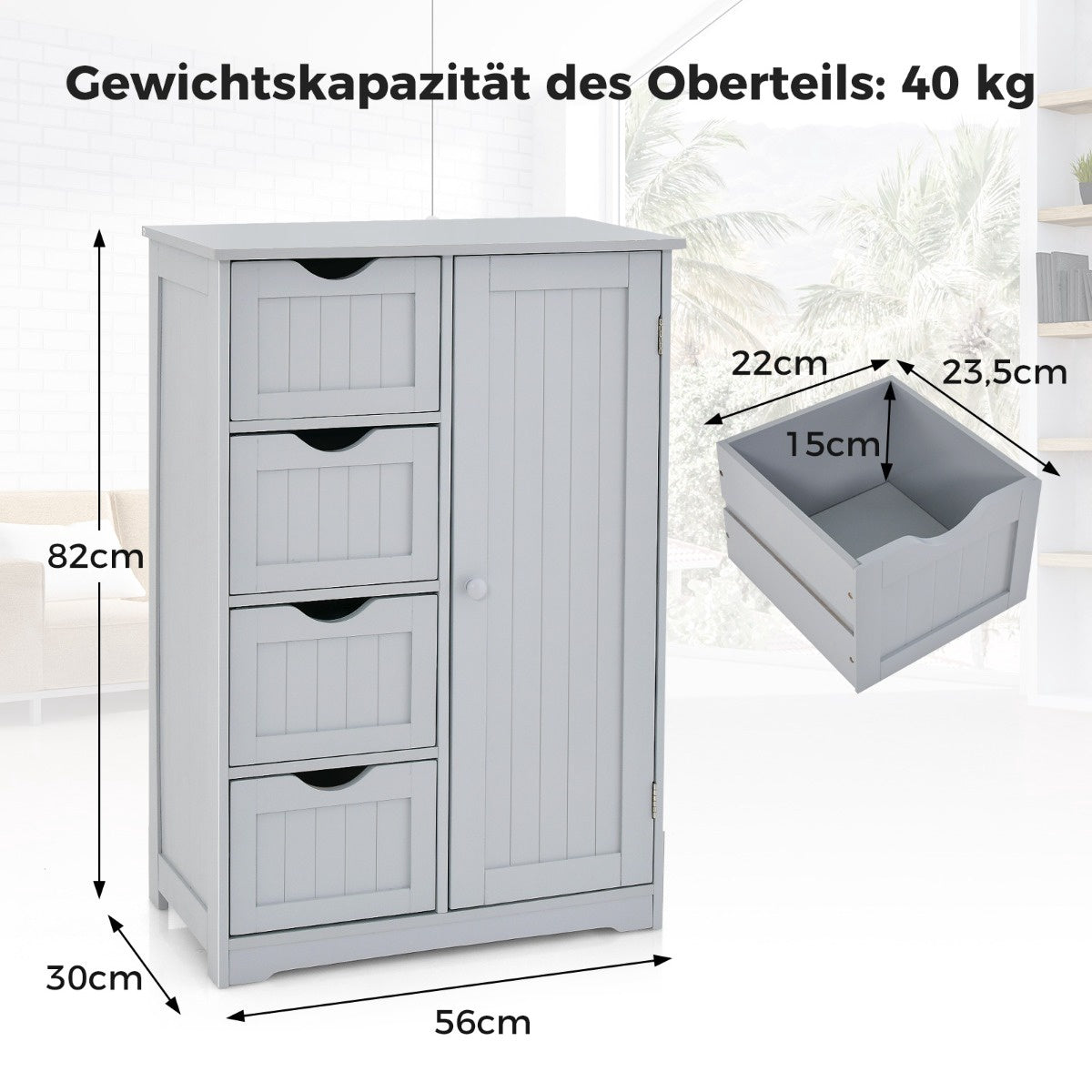 Bathroom Cabinet, 4 Drawers, Adjustable Shelf, Gray