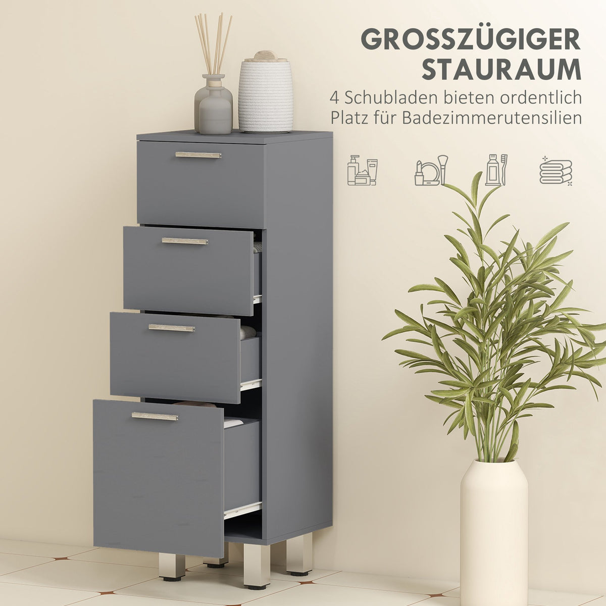 Bathroom Cabinet, 4 Drawers, Chipboard, Grey, 30x30x93 cm