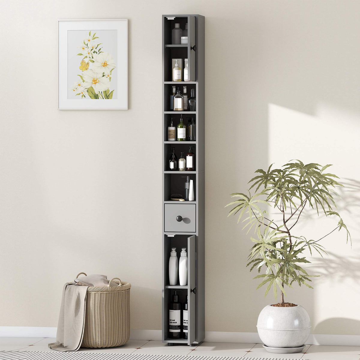 Bathroom Cabinet, 4 Shelves, Drawer, Chipboard, Grey