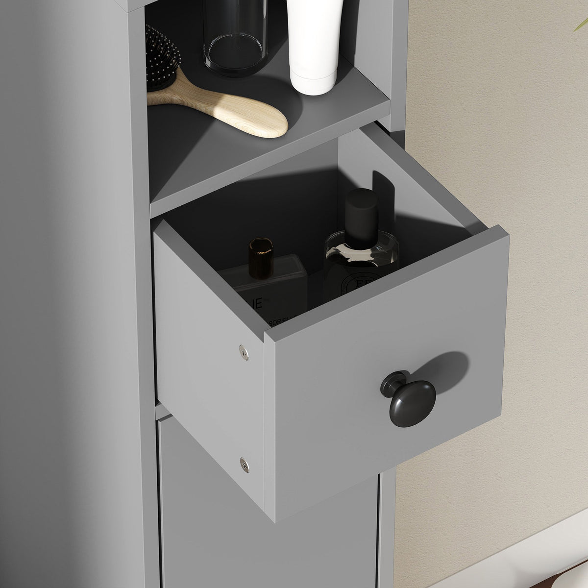 Bathroom Cabinet, 4 Shelves, Drawer, Chipboard, Grey