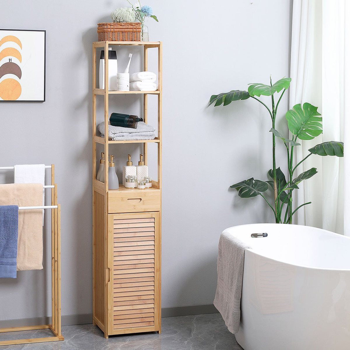 Bathroom Cabinet, Bamboo Bathroom Cabinet, Bathroom Furniture with Drawer, Three Shelves, Open Compartment, for Bathroom, 32 x 30 x 163 cm Natural Wood