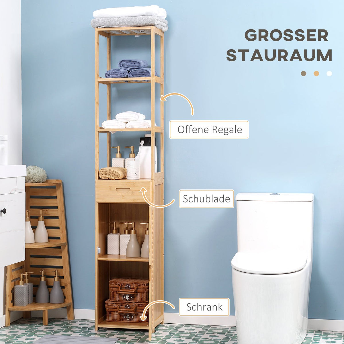 Bathroom Cabinet, Bamboo Bathroom Cabinet, Bathroom Furniture with Drawer, Three Shelves, Open Compartment, for Bathroom, 32 x 30 x 163 cm Natural Wood